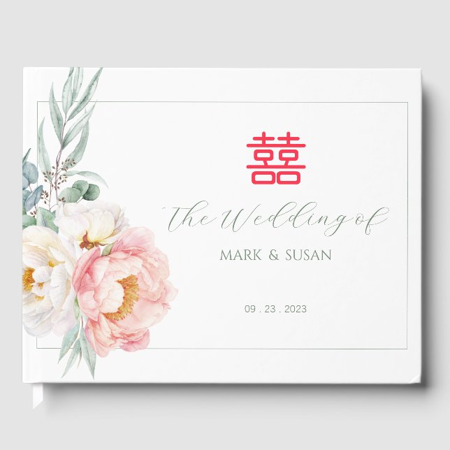 Eucalyptus Peonies Chinese Wedding Guest Book (Front)