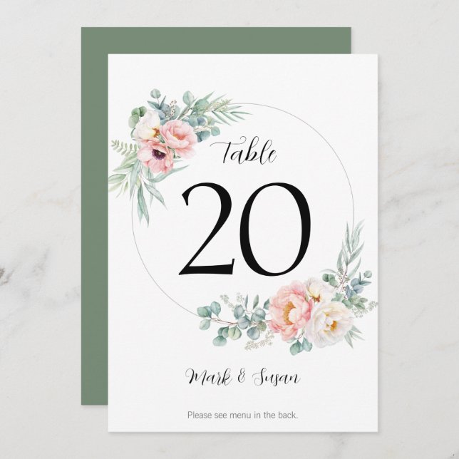 Eucalyptus Peonies Wedding Table Number & Menus (Front/Back)