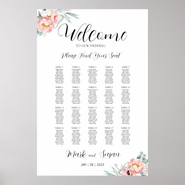 Eucalyptus Peonies Wedding Welcome Seating Chart (Front)