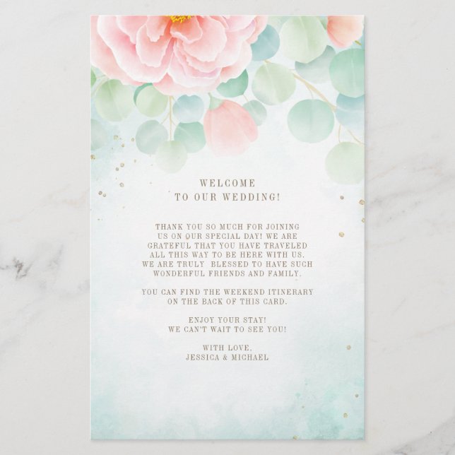 Eucalyptus Peony Floral Wedding Welcome Itinerary (Front)