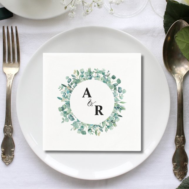 Eucalyptus Personalised Monogram Wedding Cocktail Napkin (Creator Uploaded)
