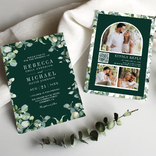Eucalyptus Photo Collage QR Code Emerald Wedding Invitation