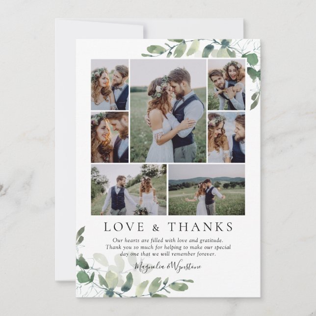 Eucalyptus Photo Collage Wedding Thank You Card (Front)