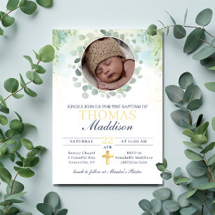 Eucalyptus Photo Cross Watercolor Baptism Invitation