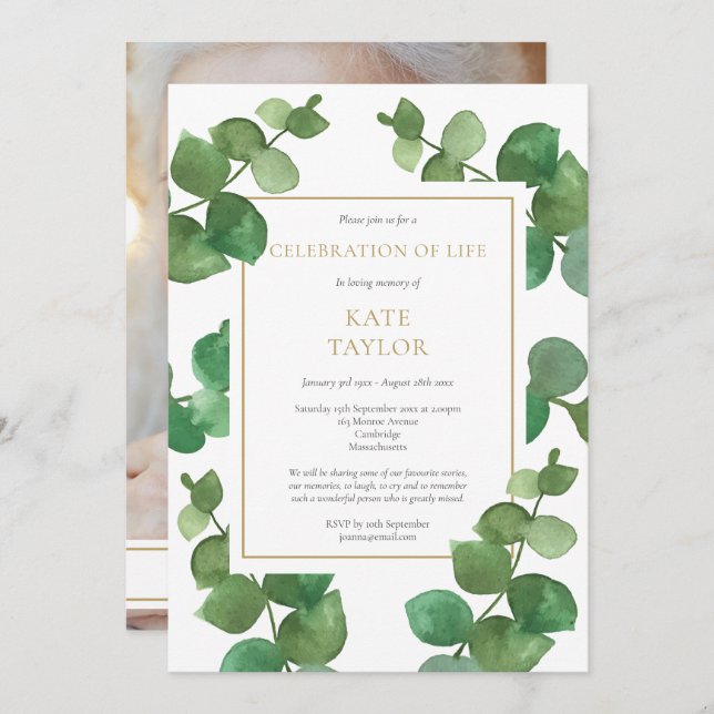 Eucalyptus Photo Funeral Celebration of Life Invitation (Front/Back)