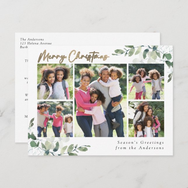 Eucalyptus Photo Gold Foil Merry Christmas  Holiday Postcard (Front/Back)