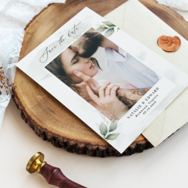 Eucalyptus photo green modern elegant wedding save the date (Creator Uploaded)