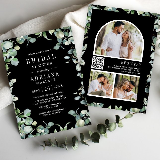 Eucalyptus Photo QR Code Black Bridal Shower Invitation (Creator Uploaded)