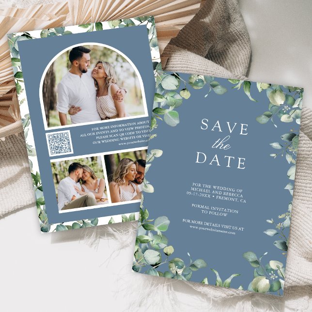 Eucalyptus Photo QR Code Dusty Blue Wedding Save The Date (Creator Uploaded)