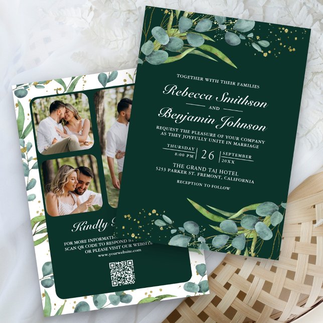 Eucalyptus Photo QR Code Emerald Green Wedding Invitation (Creator Uploaded)