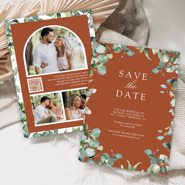 Eucalyptus Photo QR Code Terracotta Wedding Save The Date (Creator Uploaded)