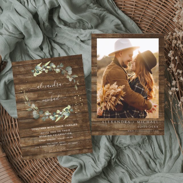 Eucalyptus Photo Rustic Country Wood Wedding Invitation (Creator Uploaded)