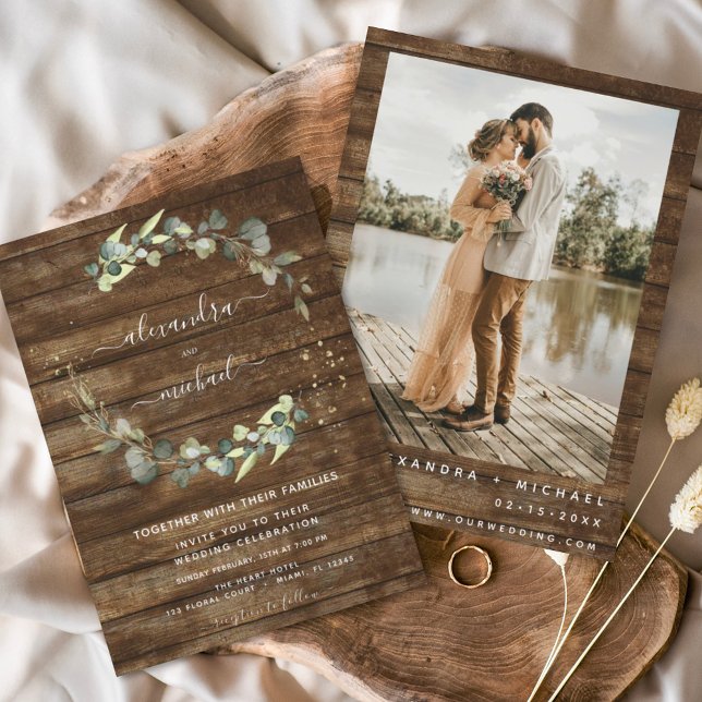 Eucalyptus Photo Rustic Country Wood Wedding Invitation (Creator Uploaded)