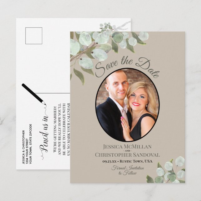 Eucalyptus & Photo Tan Wedding Save the Date Announcement Postcard (Front/Back)