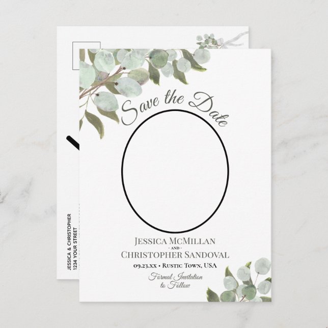 Eucalyptus & Photo White Wedding Save the Date Announcement Postcard (Front/Back)