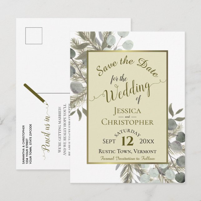 Eucalyptus & Pine Boho Gold Wedding Save the Date Announcement Postcard (Front/Back)
