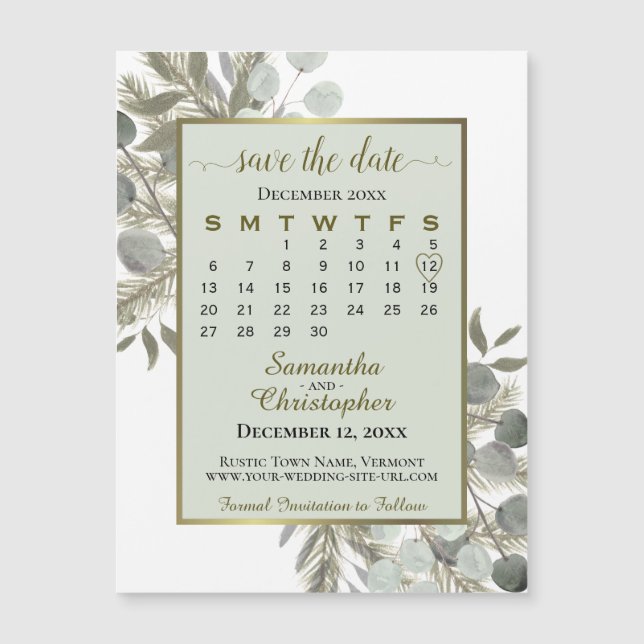 Eucalyptus Pine Save the Date Calendar Sage Magnet (Front)