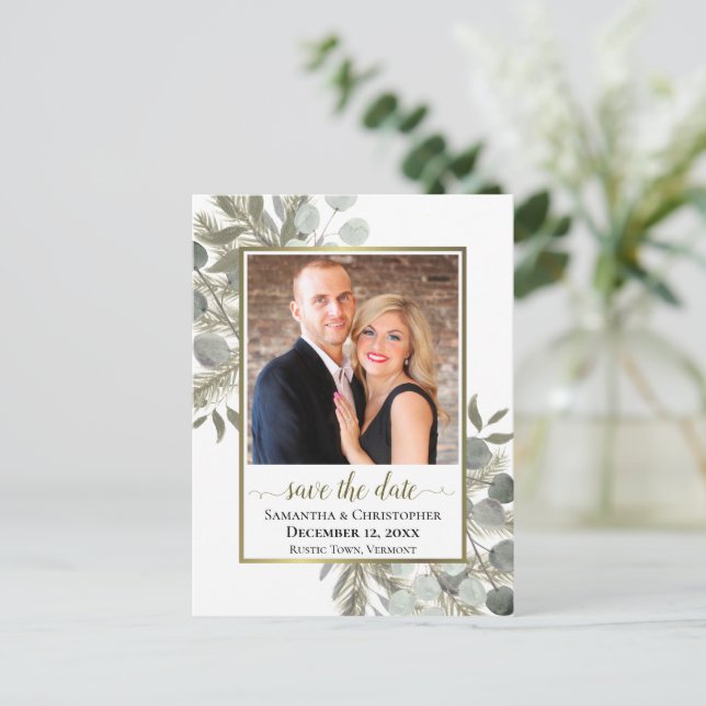 Eucalyptus & Pine Wedding Save the Date Photo Announcement Postcard (Standing Front)