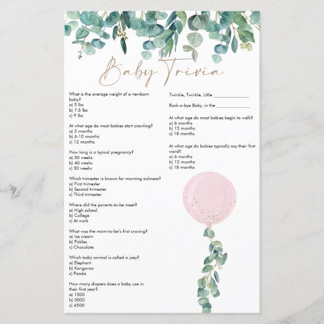 Eucalyptus Pink Balloon Baby Shower Baby Trivia (Front)