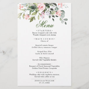 Eucalyptus Pink Blush Roses Wedding Dinner Menu