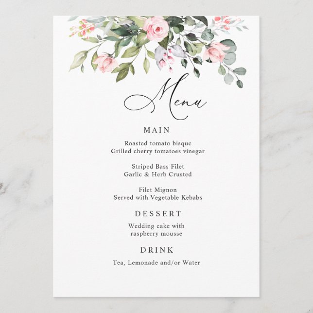 Eucalyptus Pink Blush Roses Wedding Dinner Menu (Front)