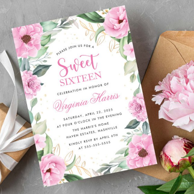 Eucalyptus Pink Floral Sweet Sixteen 16 Birthday Invitation (Creator Uploaded)