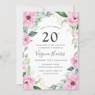 Eucalyptus Pink Floral Twenty 20th Birthday Invitation