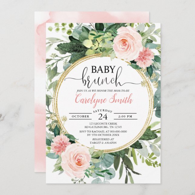 Eucalyptus Pink Gold Brunch Baby Shower Girl Invitation (Front/Back)