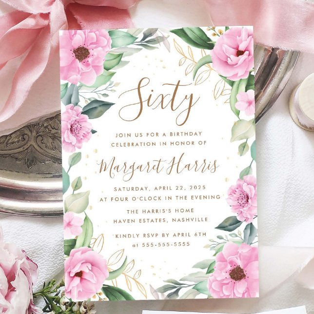 Eucalyptus Pink Gold Floral 60th Sixty Birthday Invitation (Creator Uploaded)