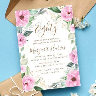 Eucalyptus Pink Gold Floral 80th Eighty Birthday Invitation