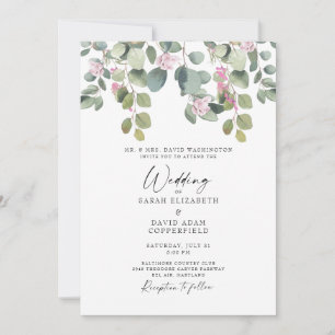 Eucalyptus & Pink Rose Elegant Wedding Invitation