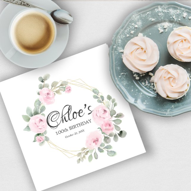 Eucalyptus Pink Rose Floral 100th Birthday Party Napkin (Creator Uploaded)
