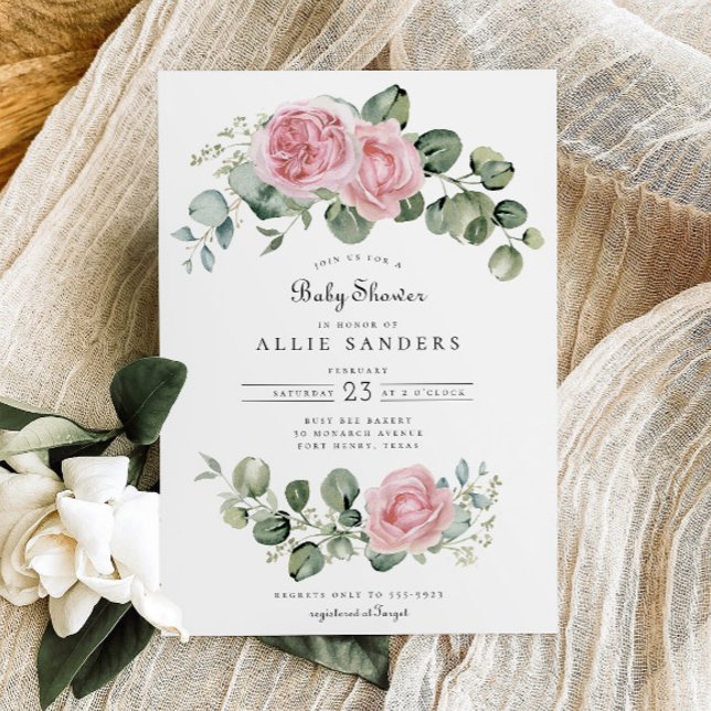 Eucalyptus Pink Rose Floral Arch Baby Shower Invitation (Creator Uploaded)