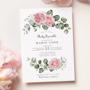Eucalyptus Pink Rose Floral Arch Baby Sprinkle Invitation