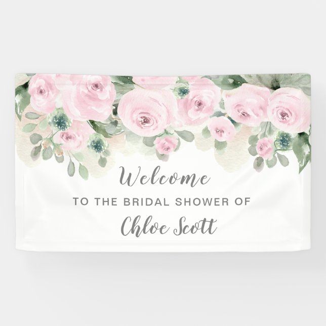 Eucalyptus Pink Rose Floral Bridal Shower Welcome Banner (Horizontal)