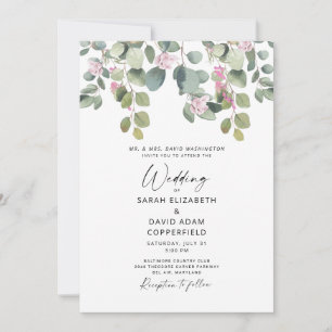 Eucalyptus & Pink Rose Wedding Invitation