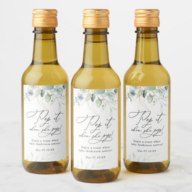 Eucalyptus Pop it when She Pops Baby Shower  Wine Label (Bottles)