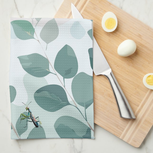 Eucalyptus Praying Mantis Australian Botanical Art Tea Towel (Quarter Fold)