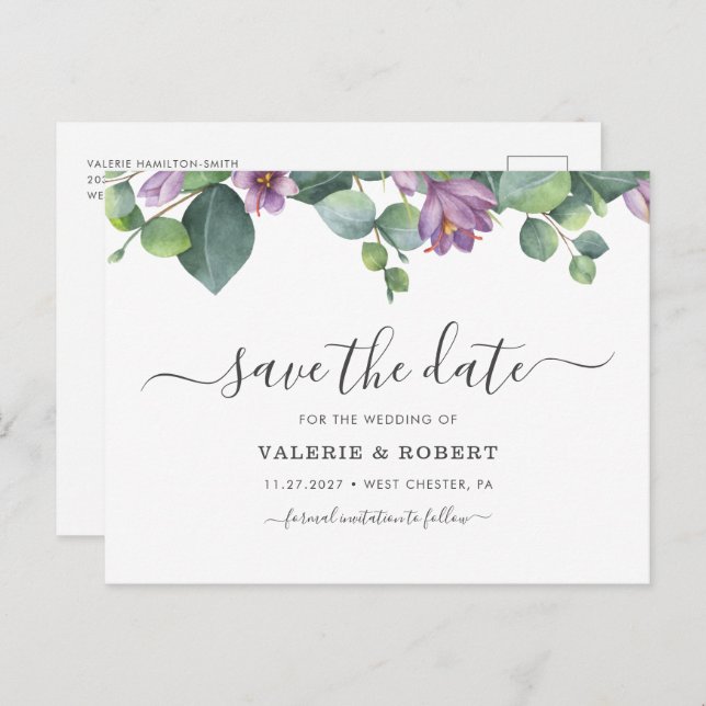 Eucalyptus Purple Floral Greenery Save The Date Announcement Postcard (Front/Back)