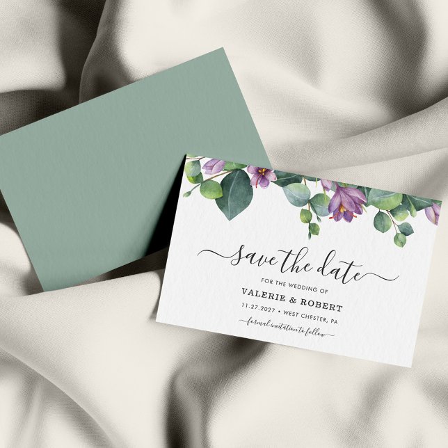 Eucalyptus Purple Floral Succulent Save The Date Card (Creator Uploaded)