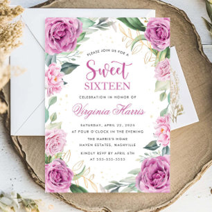 Eucalyptus Purple Floral Sweet Sixteen 16 Birthday Invitation