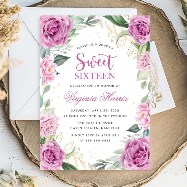 Eucalyptus Purple Floral Sweet Sixteen 16 Birthday Invitation (Creator Uploaded)