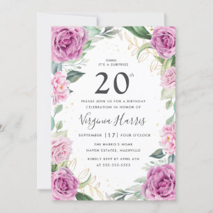 Eucalyptus Purple Floral Twenty 20th Birthday Invitation