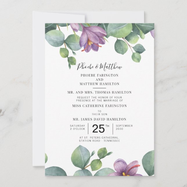 Eucalyptus Purple Green Floral Succulent Wedding Invitation (Front)