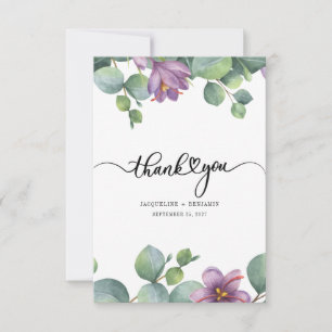 Eucalyptus Purple Green Hand-Lettered Wedding Thank You Card