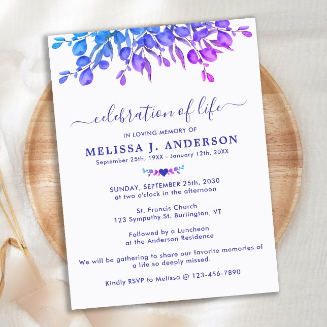 Eucalyptus Purple Greenery Celebration Of Life Invitation Postcard (Creator Uploaded)
