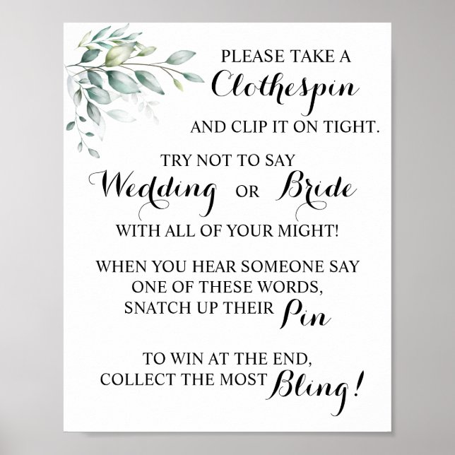 Eucalyptus Put a Clothespin BridalShower Game Sign (Front)