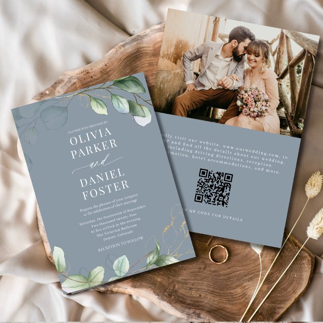 Eucalyptus QR Code Dusty Blue Photo Wedding Invitation (Creator Uploaded)