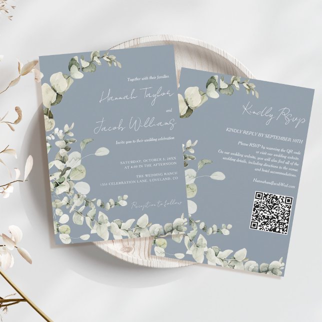 Eucalyptus QR Code Dusty Blue Wedding Invitation (qr code wedding invitations dusty blue eucalyptus)