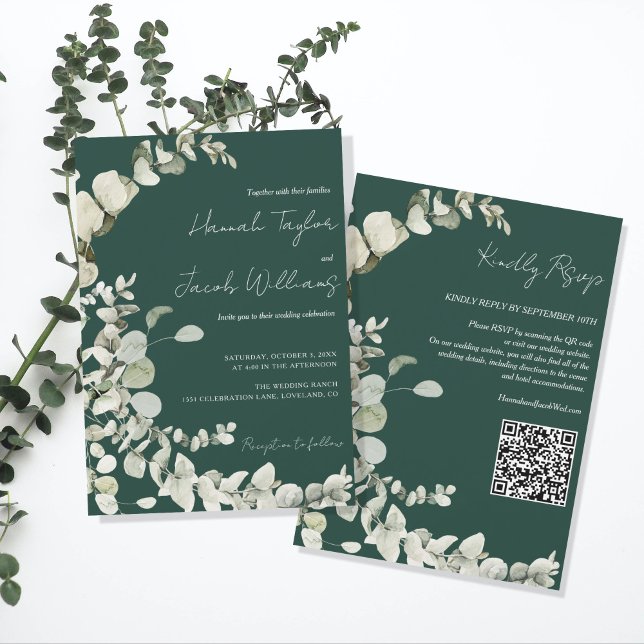 Eucalyptus QR Code Emerald Green Wedding Invitation (qr code wedding invitation emerald green)